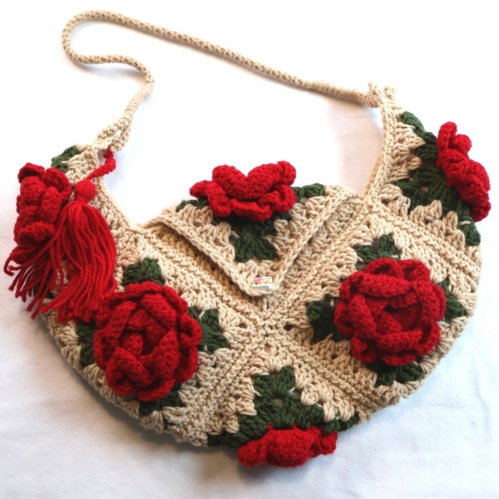 Handmade Crochet Rose Granny Square Hobo Bag Cream Red Boho Floral Lining